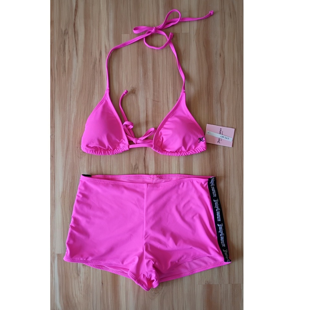 Juicy Couture Hot Pink 2 Piece Shorts‎ Bikini Set Triangle Top Short Bottoms M